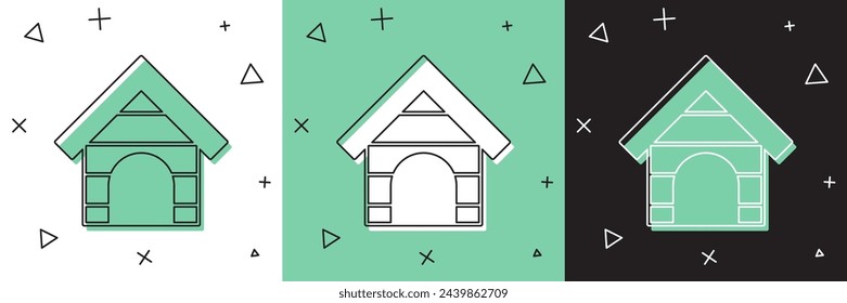 Set Dog house icon isolated on white and green, black background. Dog kennel.  Vector
