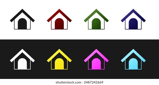 Set Dog house icon isolated on black and white background. Dog kennel.  Vector