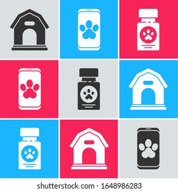 Set Dog House, Online Veterinary Clinic Symbol And Dog Medicine Bottle And Pills Icon. Vector