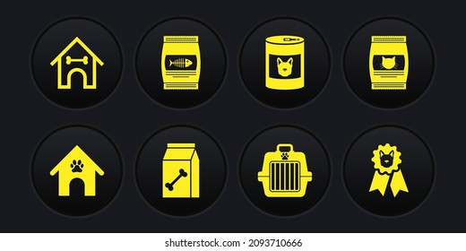 Set Dog house and paw print pet, Bag of food for cat, , Pet carry case, Canned dog and  icon. Vector