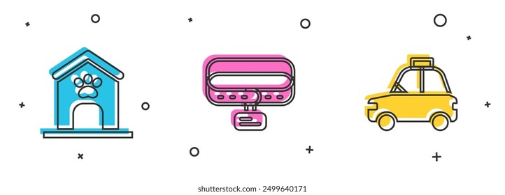 Set Dog house and paw print, Collar with name tag and Pet car taxi icon. Vector