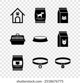 Set Dog house and paw print pet, Bag of food for dog, cat, , Cat collar and Collar with name tag icon. Vector