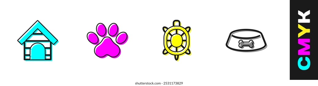 Set Dog house, Paw print, Turtle and Pet food bowl for cat or dog icon. Vector