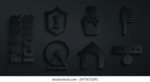 Conjunto de casa de perro, mascotas, vial médico, rueda de hámster, collar con etiqueta de nombre, champú e icono de seguro de salud animal. Vector