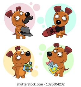 A set of dog icons depicting a dog wearing a hat and a mustache, holding a shoe in his teeth, with a camera and a bottle of perfume, for design and children.