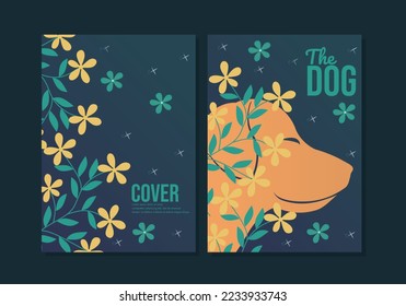 set of dog illustration book covers with floral elements. abstract botanical blue background. A4 size for children's books, notebooks, catalogs, story books, novels