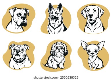 Um conjunto de ilustrações de cães com uma variedade de raças, incluindo um buldogue, um chihuahua, um shih tzu, um pastor alemão, um boxeador e um labrador