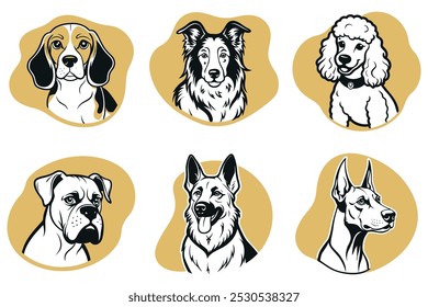 Um conjunto de ilustrações de cães com uma variedade de raças, incluindo um poodle, um beagle, um pug, um dachsund, um collie e um boxer