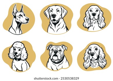 A set of dog illustrations with a variety of breeds. The dogs are all black and white. The illustrations are of different sizes and styles, but they all have a similar theme of dogs