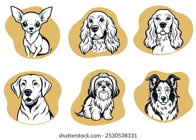 Un conjunto de ilustraciones de perros con una variedad de razas. Los perros están todos sentados o de pie en diferentes posiciones