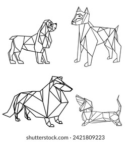 Conjunto de perros aislados en fondo blanco. Juego de iconos triangulares de perro, diseño geométrico de línea de moda.  ilustración para tatuaje o libro de colorear. Colección de mascotas. Imágenes de vectores poligonales de perros. Zentángulo  