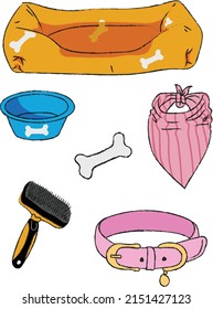 Set Of Dog Items. Pet Care Items. Flat Vector Illustrarion