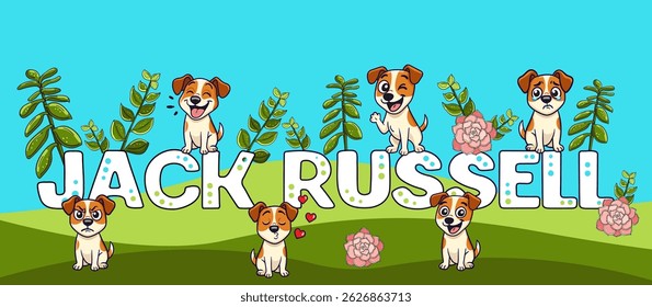 set dog jack russell terrier. coleção de adesivos de desenhos animados do cão no fundo branco isolado com emoções diferentes alegria, felicidade, tristeza, choro, raiva