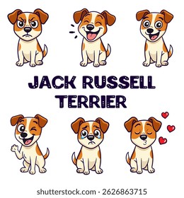set dog jack russell terrier. coleção de adesivos de desenhos animados do cão no fundo branco isolado com emoções diferentes alegria, felicidade, tristeza, choro, raiva