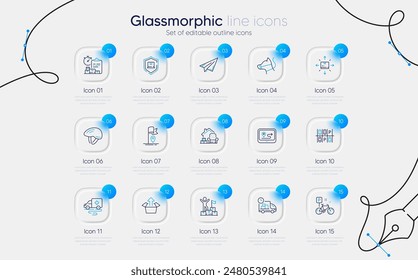 Set of Dog leash, Gps and Packing things line icons for web app. Delivery report, Send box, Paper plane icons. Parking place, Ambulance transport, Delivery man signs. Bike, Flag. Vector