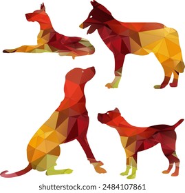 Set of dog low poly style vector illustrations featuring various breeds of dogs designed with geometric shapes and solid colors. The polygonal art creates a modern, abstract look