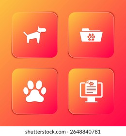 Set Dog, Medical veterinary record folder, Paw print and Clinical pet on monitor icon. Vector