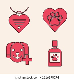 Set Dog medicine bottle, Collar with name tag and heart, Heart with animals footprint and Veterinary clinic symbol icon. Vector