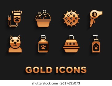 Set Dog medicine bottle, Hair dryer, Pet shampoo, carry case, Cat, Tennis ball, clipper pet and Pets bath icon. Vector