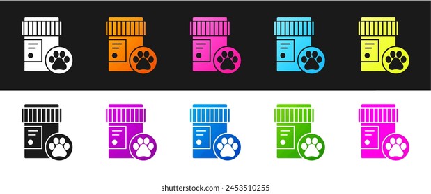 Set Dog medicine bottle icon isolated on black and white background. Container with pills. Prescription medicine for animal.  Vector