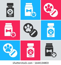 Set Dog medicine bottle and pills, Bag of food for pet and Dog and pills icon. Vector