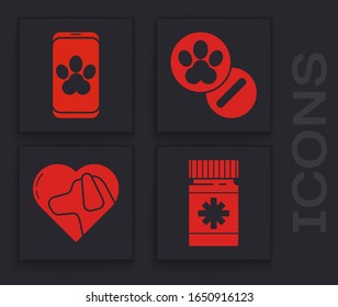 Set Dog medicine bottle and pills, Online veterinary clinic symbol, Dog and pills and Heart with dog icon. Vector