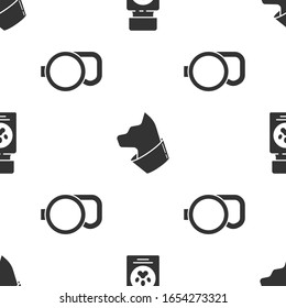 Set Dog medicine bottle and pills, Cat and Retractable cord leash on seamless pattern. Vector