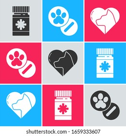 Set Dog medicine bottle and pills, Dog and pills and Heart with cat icon. Vector