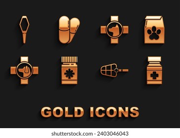 Set Dog medicine bottle and pills, Bag of food for pet, muzzle, Veterinary clinic symbol, Pets vial medical and  icon. Vector