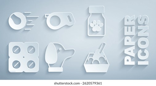 Set Dog, garrafa de remédio e comprimidos, bandeja de lixo Cat com pá, coleira de cordão retrátil e ícone de bola de brinquedos de animais de estimação. Vetor