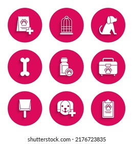 Set Dog medicine bottle, Veterinary clinic symbol, Clipboard with medical clinical record pet, Pet first aid kit, Dustpan, bone,  and Bag of food for dog icon. Vector
