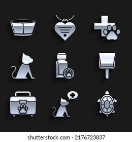 Set Dog medicine bottle, Veterinary clinic symbol, Turtle, Dustpan, Pet first aid kit, Cat,  and Protective cone collar icon. Vector