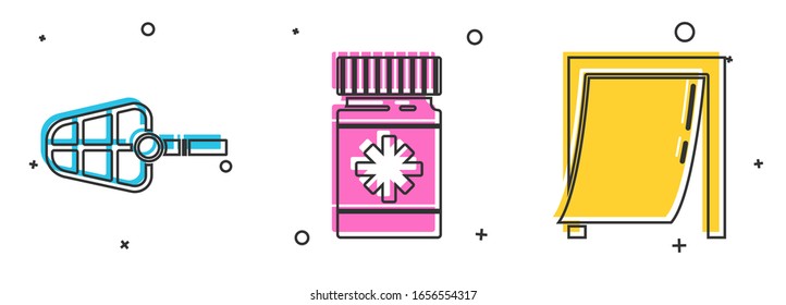Set Dog muzzle, Dog medicine bottle and pills and Door for pet icon. Vector