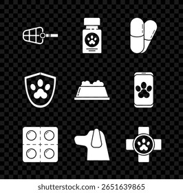 Set Dog muzzle, medicine bottle and pills, Veterinary clinic symbol, Animal health insurance and Pet food bowl icon. Vector