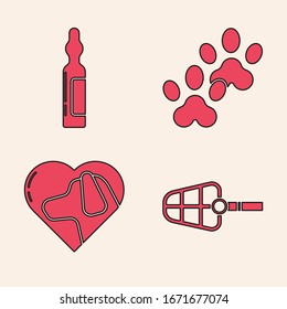 Set Dog muzzle, Pets vial medical, Paw print and Heart with dog icon. Vector