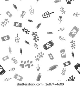 Set Dog muzzle, Syringe con vacuna para animales domésticos, símbolo de clínica veterinaria en línea e impresión Paw en un patrón impecable. Vector