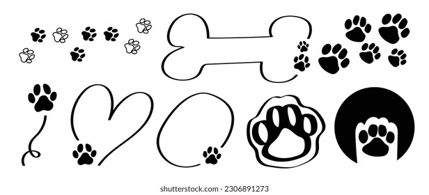 Set of dog paw footprints element vector. Hand drawn animal, pet, cat paw silhouette pattern, frames, doodles. Cute pet footsteps illustration design for fabric, decorative, sticker, wallpaper, kids