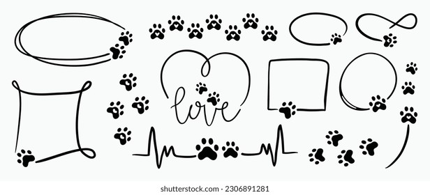 Set of dog paw footprints element vector. Hand drawn animal, pet, cat paw silhouette pattern, frames, doodles. Cute pet footsteps illustration design for fabric, decorative, sticker, wallpaper, kids