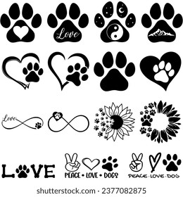 Set of dog paw print. Paw prints, icon. Vector paw. Dog, puppy, cat, bear, wolf. Legs. Foot prints.