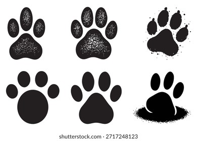 Conjunto de iconos de vector de silueta de pata de perro con varios estilos texturizados y limpios sobre fondo blanco