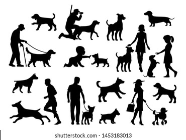 Set Dog And People Silhouette. Vector Black Flat Icon Isolated On White Background.