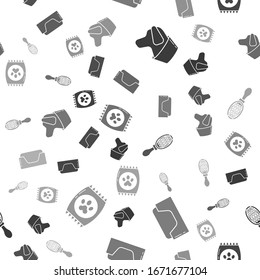 Set Dog, Pet bed, Hair brush for dog and cat and Bag of food for pet on seamless pattern. Vector