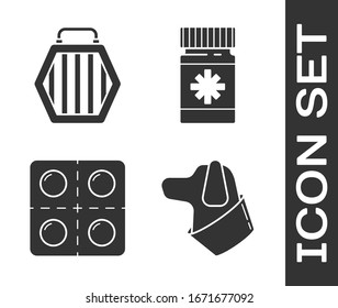 Set Dog, Pet carry case, Dog and pills and Dog medicine bottle and pills icon. Vector