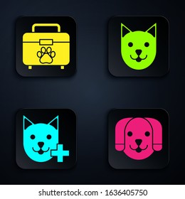 Set Dog, Pet first aid kit, Veterinary clinic symbol and Cat. Black square button. Vector