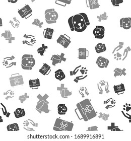 Set Dog, Pet first aid kit, Hands with animals footprint and Veterinary clinic symbol on seamless pattern. Vector