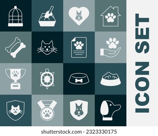 Set Dog, Pet food bowl for cat or dog, Hands with animals footprint, Heart, Cat, bone, Cage birds and Medical clinical record pet icon. Vector