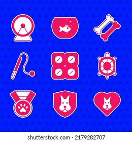 Set Dog pill, Animal health insurance, Heart with dog, Turtle, Pet award symbol, cat toy, bone and Hamster wheel icon. Vector