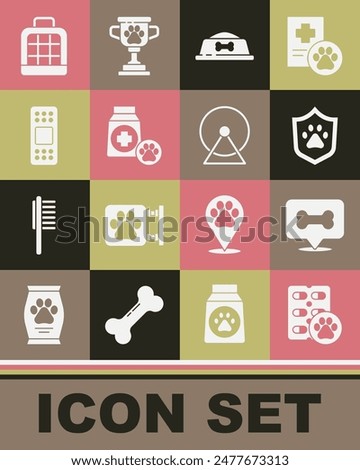 Set Dog pill, bone, Animal health insurance, Pet food bowl, Bag of, Bandage plaster, carry case and Hamster wheel icon. Vector