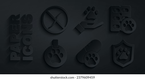 Píldora de perro, collar con etiqueta de nombre, seguro de salud animal, huella de animales manos y ícono de parásito anti gusanos. Vector