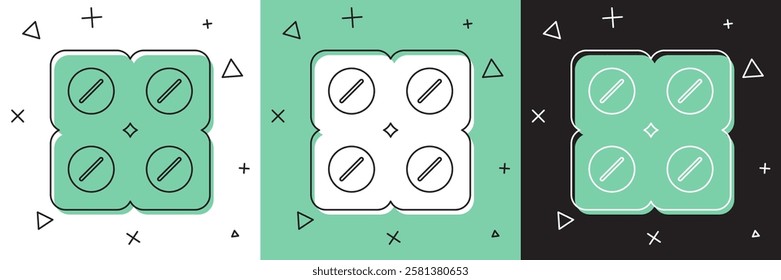 Set Dog pill icon isolated on white and green, black background. Prescription medicine for animal.  Vector